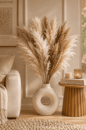 Large artificial pampas grass arrangement displayed in a modern cream ceramic floor vase beside a cozy sofa, creating a warm neutral living room aesthetic.
