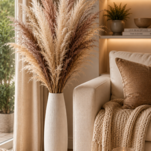 Luxury artificial pampas grass arrangement displayed in a tall white floor vase beside a cozy sofa, adding soft neutral texture to a modern living room.