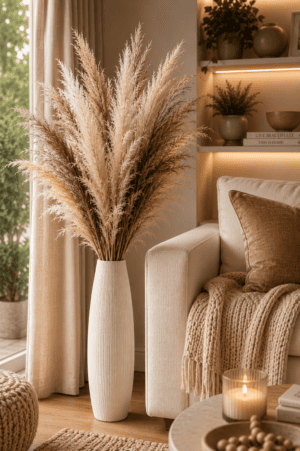 Luxury artificial pampas grass arrangement displayed in a tall white floor vase beside a cozy sofa, adding soft neutral texture to a modern living room.