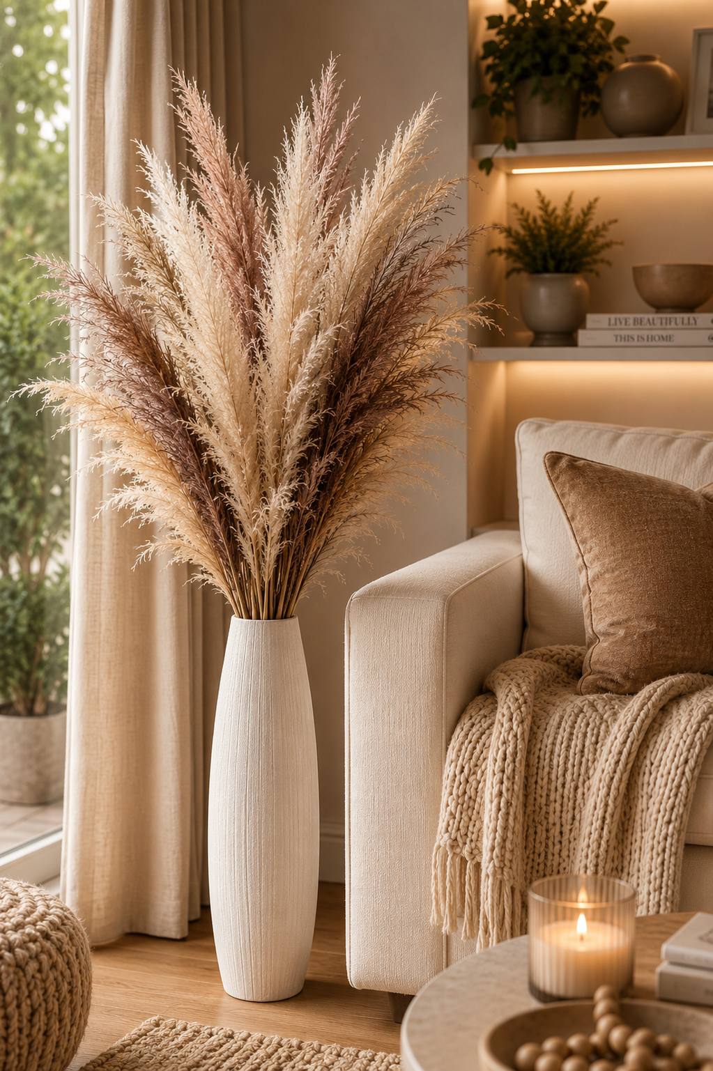 Luxury artificial pampas grass arrangement displayed in a tall white floor vase beside a cozy sofa, adding soft neutral texture to a modern living room.