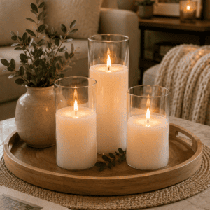 Luxury white glass pillar candle set displayed on a wooden tray with a ceramic vase in a cozy neutral living room featuring warm ambient lighting.