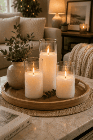 Luxury white glass pillar candle set displayed on a wooden tray with a ceramic vase in a cozy neutral living room featuring warm ambient lighting.