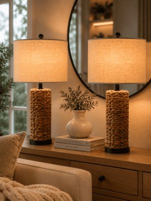 Set of two woven table lamps with linen fabric shades on a wooden console table in a cozy neutral living room.