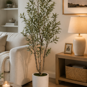 Artificial olive tree in a modern white planter placed beside a sofa in a cozy neutral living room with warm lighting.