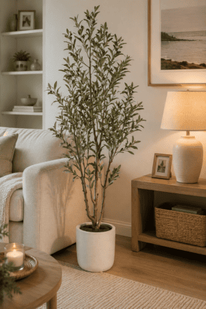 Artificial olive tree in a modern white planter placed beside a sofa in a cozy neutral living room with warm lighting.