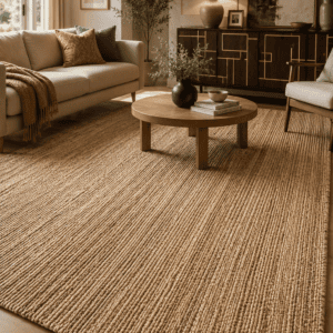 Large handwoven natural beige area rug styled in a cozy modern living room with neutral furniture and warm wood accents.
