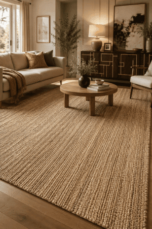 Large handwoven natural beige area rug styled in a cozy modern living room with neutral furniture and warm wood accents.