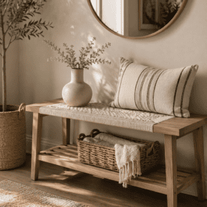Natural oak wooden entryway bench with a woven seat, decorative pillow, ceramic vase, and woven storage basket in a cozy modern farmhouse home.