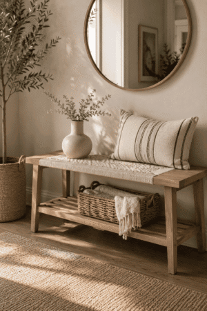 Natural oak wooden entryway bench with a woven seat, decorative pillow, ceramic vase, and woven storage basket in a cozy modern farmhouse home.
