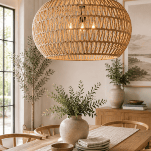 Large handwoven rattan chandelier hanging above a wooden dining table in a cozy modern farmhouse dining room with neutral decor.