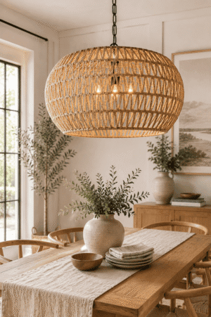 Large handwoven rattan chandelier hanging above a wooden dining table in a cozy modern farmhouse dining room with neutral decor.