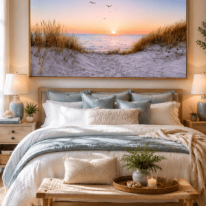 Large framed coastal beach sunset canvas wall art above a cozy bed in a modern coastal bedroom with soft blue and neutral bedding.