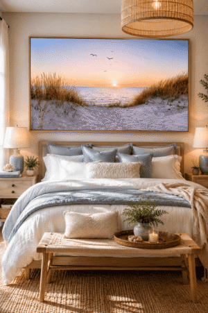 Large framed coastal beach sunset canvas wall art above a cozy bed in a modern coastal bedroom with soft blue and neutral bedding.