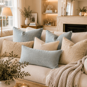 Decorative coastal blue and neutral throw pillow covers styled on a cream sofa in a cozy modern farmhouse living room.