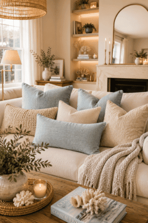 Decorative coastal blue and neutral throw pillow covers styled on a cream sofa in a cozy modern farmhouse living room.