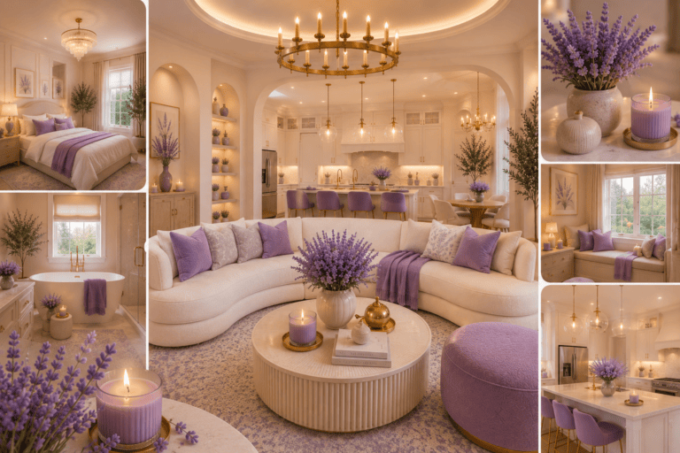 Featured image showcasing cozy lavender home decor ideas with a luxurious cream living room, elegant kitchen, relaxing bedroom, spa-inspired bathroom, and soft purple accents. Caption