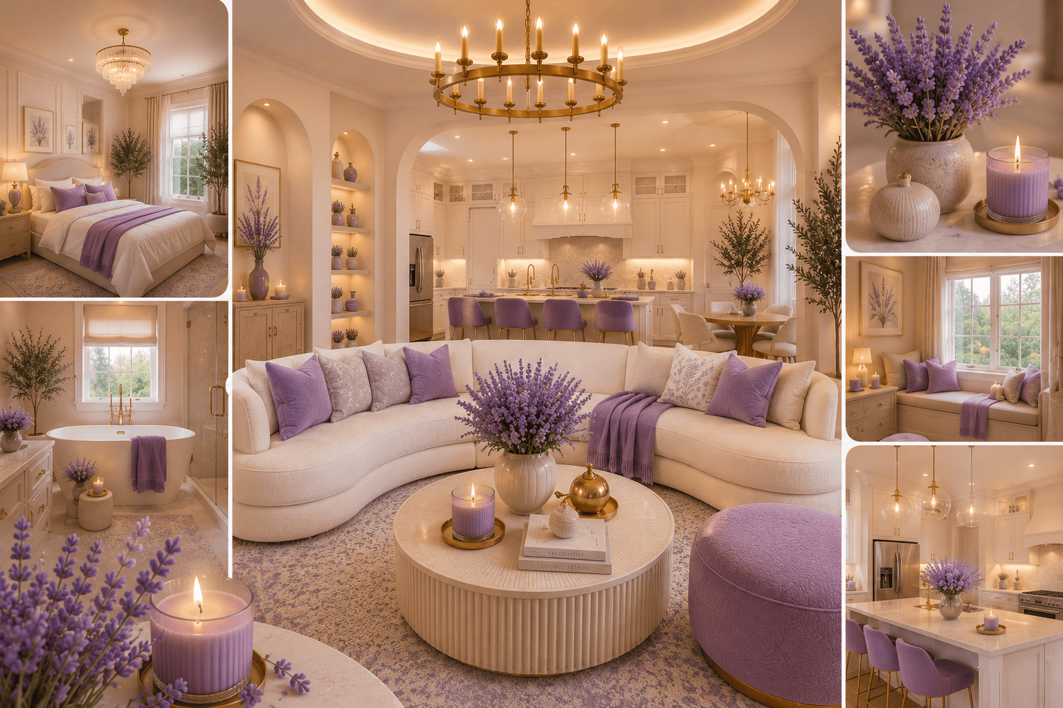 Featured image showcasing cozy lavender home decor ideas with a luxurious cream living room, elegant kitchen, relaxing bedroom, spa-inspired bathroom, and soft purple accents. Caption