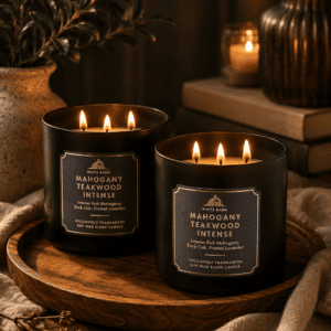 Luxury triple wick Mahogany Teakwood soy wax candles in elegant matte black glass jars styled on a wooden tray in a cozy modern living room.