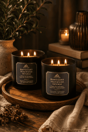 Luxury triple wick Mahogany Teakwood soy wax candles in elegant matte black glass jars styled on a wooden tray in a cozy modern living room.