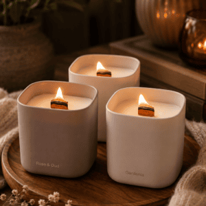 Luxury wooden wick soy wax scented candle set in elegant ceramic jars displayed on a wooden tray in a cozy modern farmhouse living room.