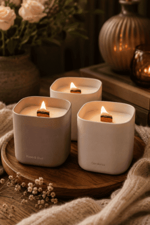 Luxury wooden wick soy wax scented candle set in elegant ceramic jars displayed on a wooden tray in a cozy modern farmhouse living room.
