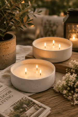 Luxury triple wick soy wax outdoor candles in minimalist ceramic bowls styled on a wooden table with lanterns and greenery on a cozy patio.