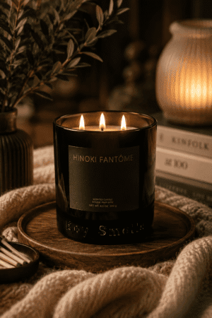 Luxury black glass triple wick Hinoki scented candle on a wooden tray with cozy knit blanket, books, and warm ambient lighting in a modern living room.