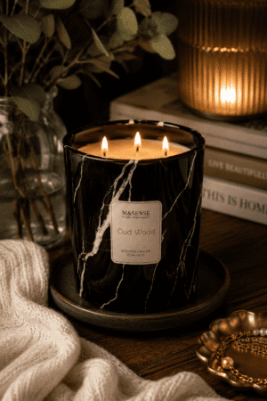 Luxury black marble triple wick Oud Wood scented candle on a decorative tray with cozy knit blanket, books, and elegant home decor in a warm living room.