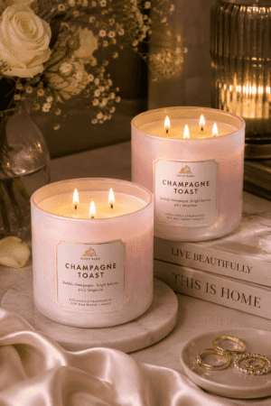 Luxury White Barn Champagne Toast triple wick soy wax candle in an iridescent glass jar displayed with roses, marble tray, books, and elegant home décor.