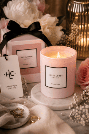 Luxury Hotel Lobby Signature scented candle in a soft blush pink glass jar with elegant gift box, fresh flowers, marble tray, and cozy home decor.