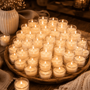 Premium glass votive candles arranged on a wooden tray with soft blankets, lanterns, and flowers, creating a warm, cozy home decor ambiance.