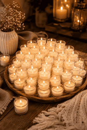 Premium glass votive candles arranged on a wooden tray with soft blankets, lanterns, and flowers, creating a warm, cozy home decor ambiance.