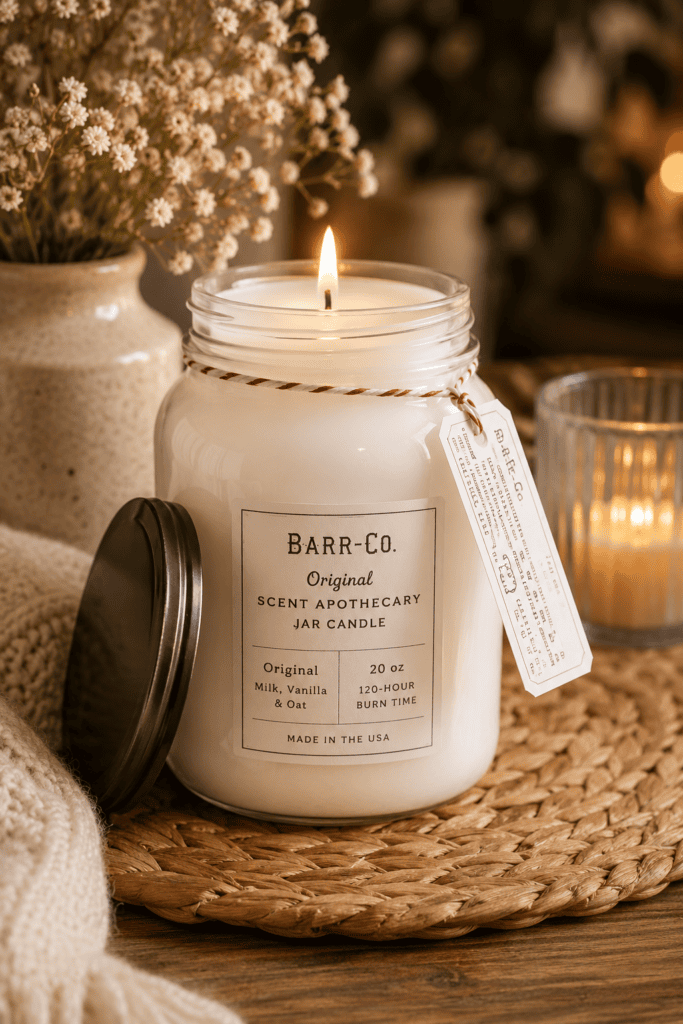 Cozy Barr-Co Original scented jar candle with vanilla and oat fragrance styled on a wooden table for warm farmhouse home decor.