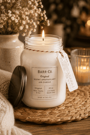 Large white apothecary scented jar candle with a rustic lid, surrounded by cozy blankets, dried flowers, and soft candlelight in a warm farmhouse-style living room.