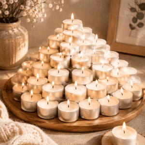 White tea light candles beautifully arranged on a wooden tray with soft neutral decor for elegant home decoration.