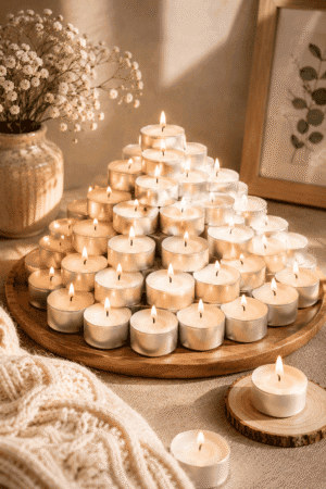 White tea light candles beautifully arranged on a wooden tray with soft neutral decor for elegant home decoration.