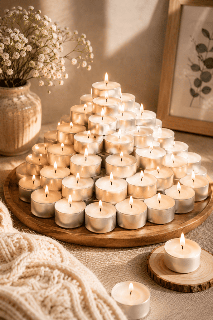 White tea light candles beautifully arranged on a wooden tray with soft neutral decor for elegant home decoration.