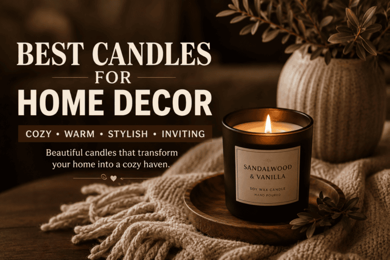Best Candles for Home Decor featured image showing a cozy aesthetic scented candle with warm lighting, soft knit blanket, wooden tray, and elegant home decor in a stylish USA-inspired living space.