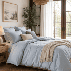 Luxury light blue bedding set styled in a cozy coastal-inspired bedroom with layered pillows, a woven pendant light, natural wood furniture, and soft neutral decor.