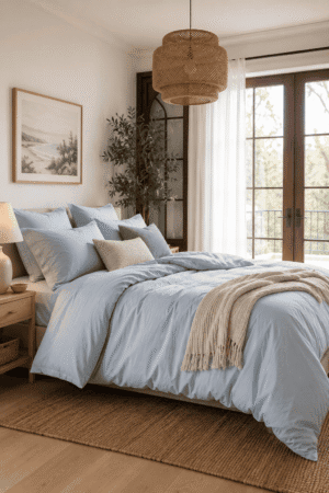 Luxury light blue bedding set styled in a cozy coastal-inspired bedroom with layered pillows, a woven pendant light, natural wood furniture, and soft neutral decor.