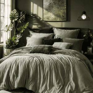 Luxury olive green bedding set styled in a modern bedroom with botanical decor, layered pillows, soft natural lighting, and elegant earthy home accents.
