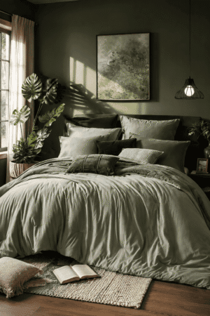 Luxury olive green bedding set styled in a modern bedroom with botanical decor, layered pillows, soft natural lighting, and elegant earthy home accents.