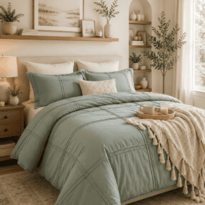 Soft sage green bedding set in a bright modern bedroom featuring warm wood furniture, layered neutral pillows, botanical decor, and cozy organic styling.