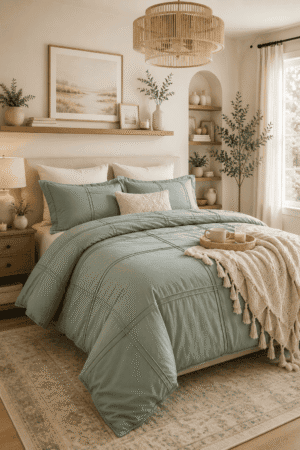Soft sage green bedding set in a bright modern bedroom featuring warm wood furniture, layered neutral pillows, botanical decor, and cozy organic styling.