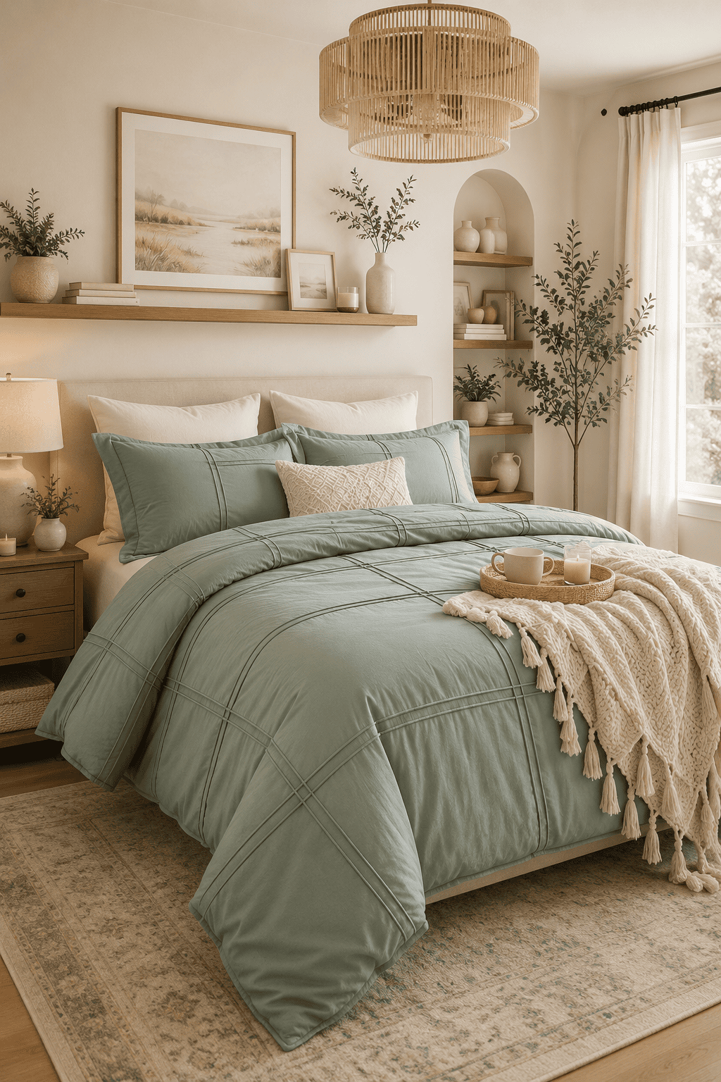 Soft sage green bedding set in a bright modern bedroom featuring warm wood furniture, layered neutral pillows, botanical decor, and cozy organic styling.