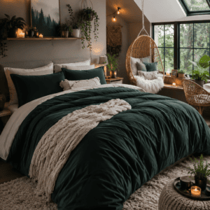 Deep forest green bedding set styled in a cozy attic bedroom with warm string lights, hanging rattan chair, indoor plants, soft knit throw, and large skylight windows.