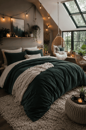 Deep forest green bedding set styled in a cozy attic bedroom with warm string lights, hanging rattan chair, indoor plants, soft knit throw, and large skylight windows.