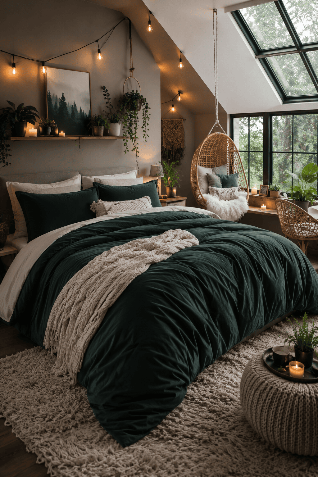 Deep forest green bedding set styled in a cozy attic bedroom with warm string lights, hanging rattan chair, indoor plants, soft knit throw, and large skylight windows.