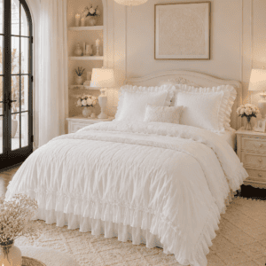 Elegant white ruffle bedding set styled in a luxury farmhouse bedroom with a crystal chandelier, soft cream décor, layered pillows, cozy rug, and warm ambient lighting.