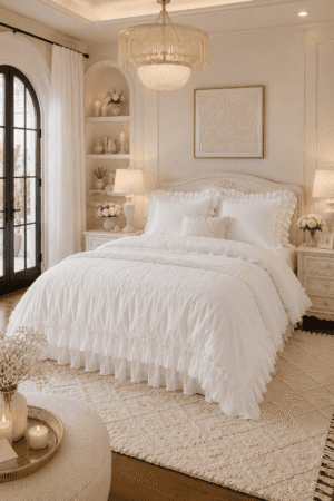 Elegant white ruffle bedding set styled in a luxury farmhouse bedroom with a crystal chandelier, soft cream décor, layered pillows, cozy rug, and warm ambient lighting.